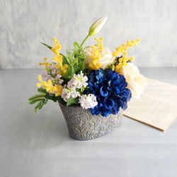 ブルーダリアとミモザの春色アレンジメント｜イエローローズとチューリップのアーティフィシャルフラワー| 春の誕生花2026 12枚目の画像