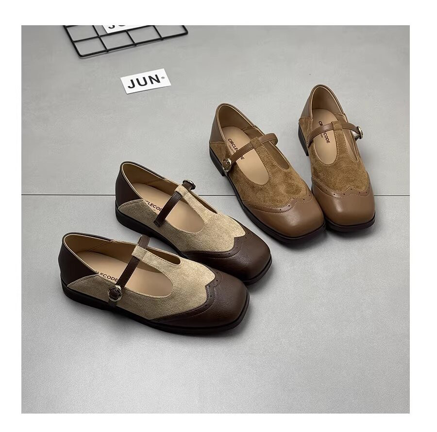 レトロイギリス風 新作メリージェーン フラット 丁字バックル スクエアトゥ22.5-25cm#1347