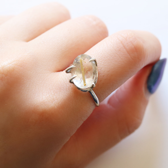 （獨一無二，925銀）大號金紅石石英銀戒指（13*10毫米，15號） 第5張的照片