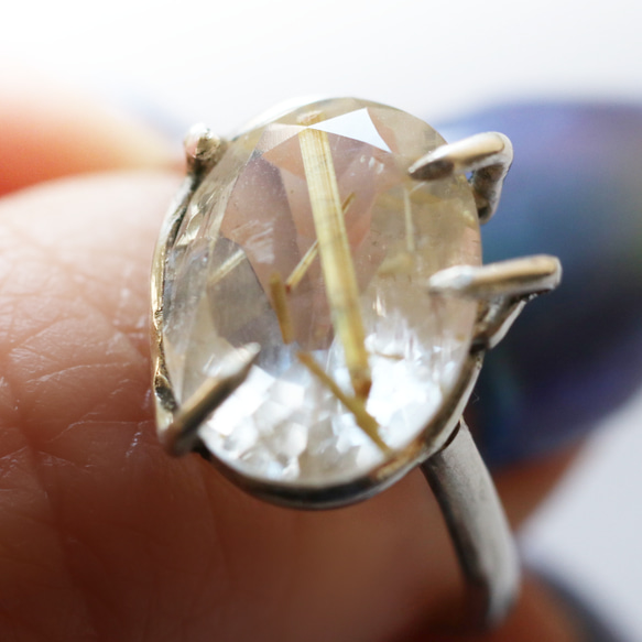 （獨一無二，925銀）大號金紅石石英銀戒指（13*10毫米，15號） 第1張的照片