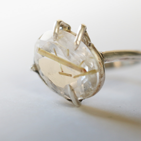 （獨一無二，925銀）大號金紅石石英銀戒指（13*10毫米，15號） 第4張的照片