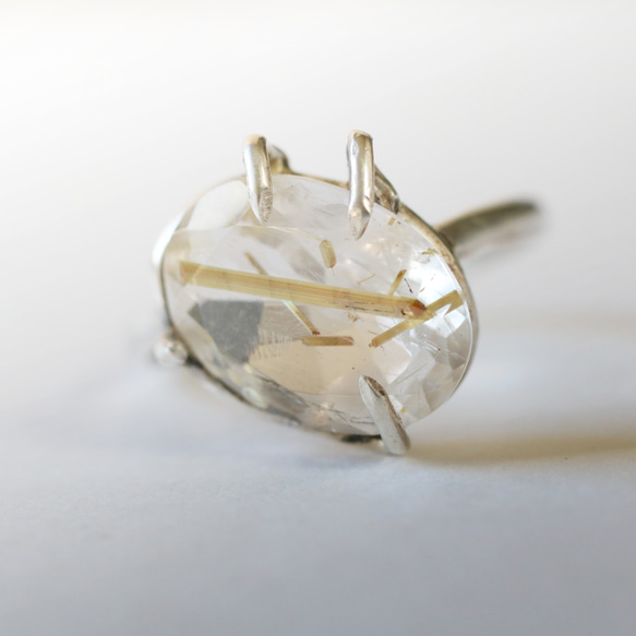 （獨一無二，925銀）大號金紅石石英銀戒指（13*10毫米，15號） 第2張的照片