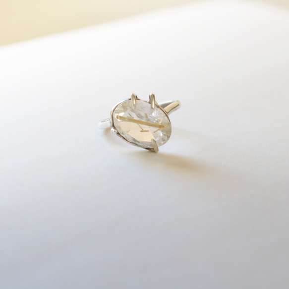 （獨一無二，925銀）大號金紅石石英銀戒指（13*10毫米，15號） 第7張的照片