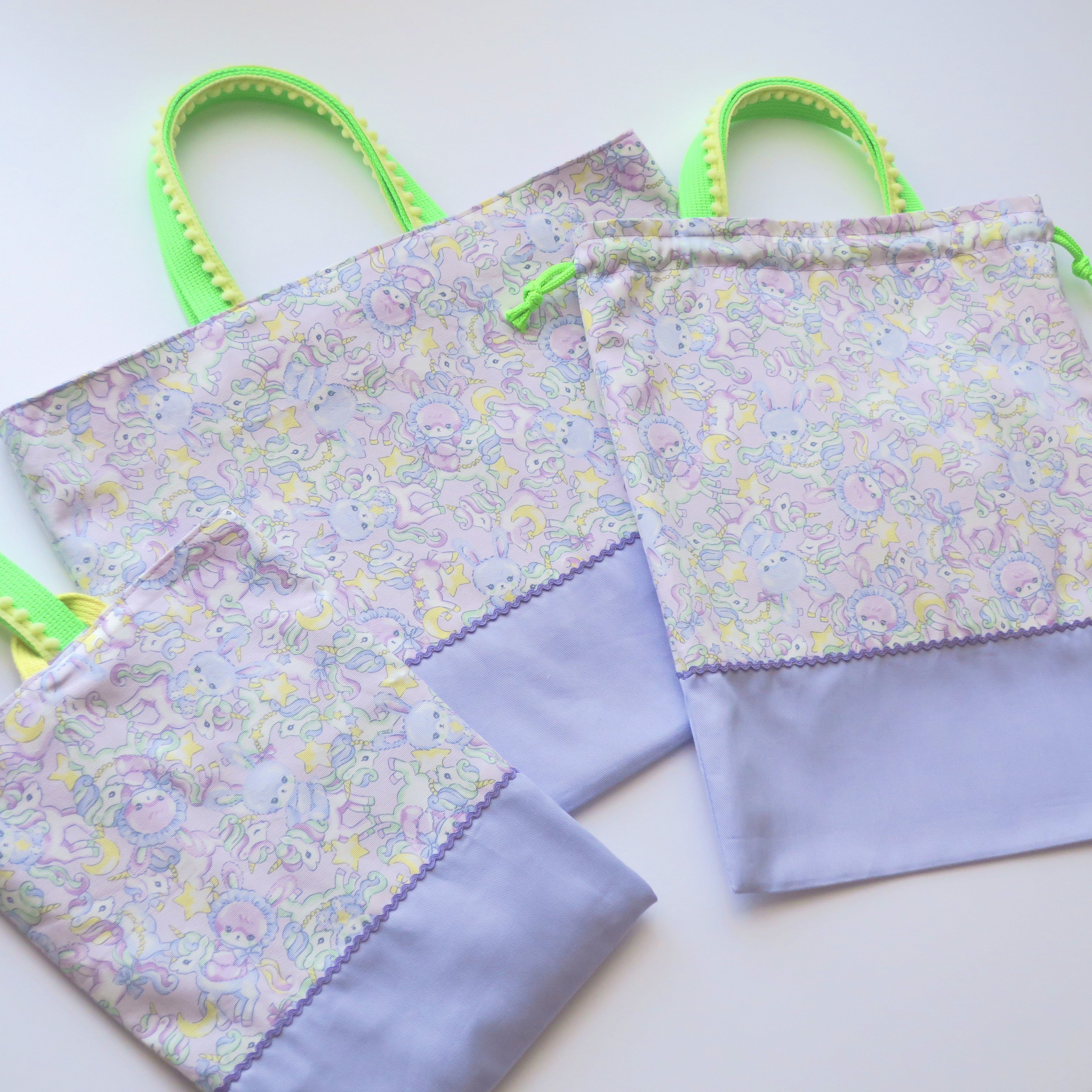 うさぎ×ユニコーン【入園入学3点セット】レッスンバッグ・上履き入れ・お着替え袋【紫×ネオングリーン】