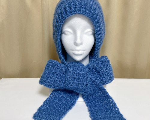 フード付きマフラー ブルー 青色 編み物 バラボネット マフラー付き