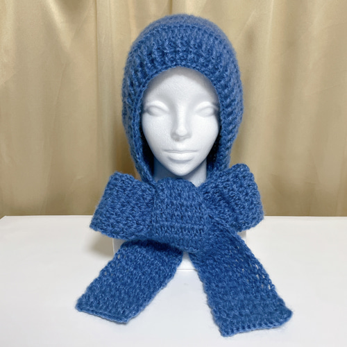 フード付きマフラー ブルー 青色 編み物 バラボネット マフラー付き