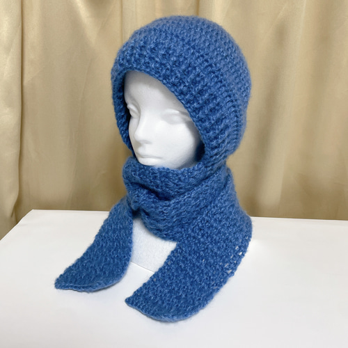 フード付きマフラー ブルー 青色 編み物 バラボネット マフラー付き
