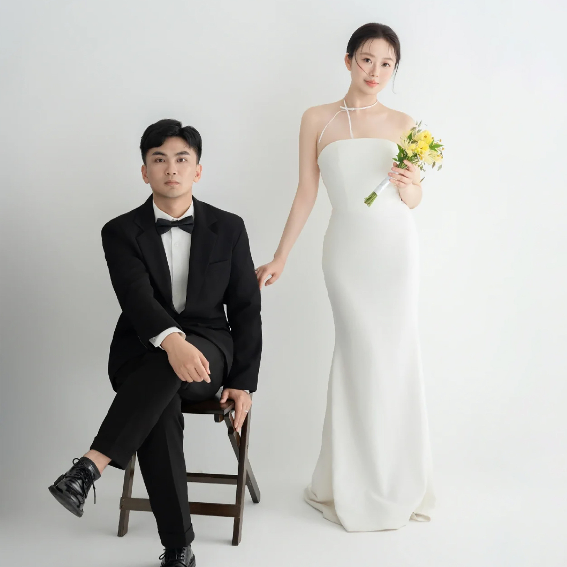 高級感 白 サテン マーメイドドレス ウェディングドレス シンプル 韓国風 結婚式 花嫁 披露宴 前撮り HL1212