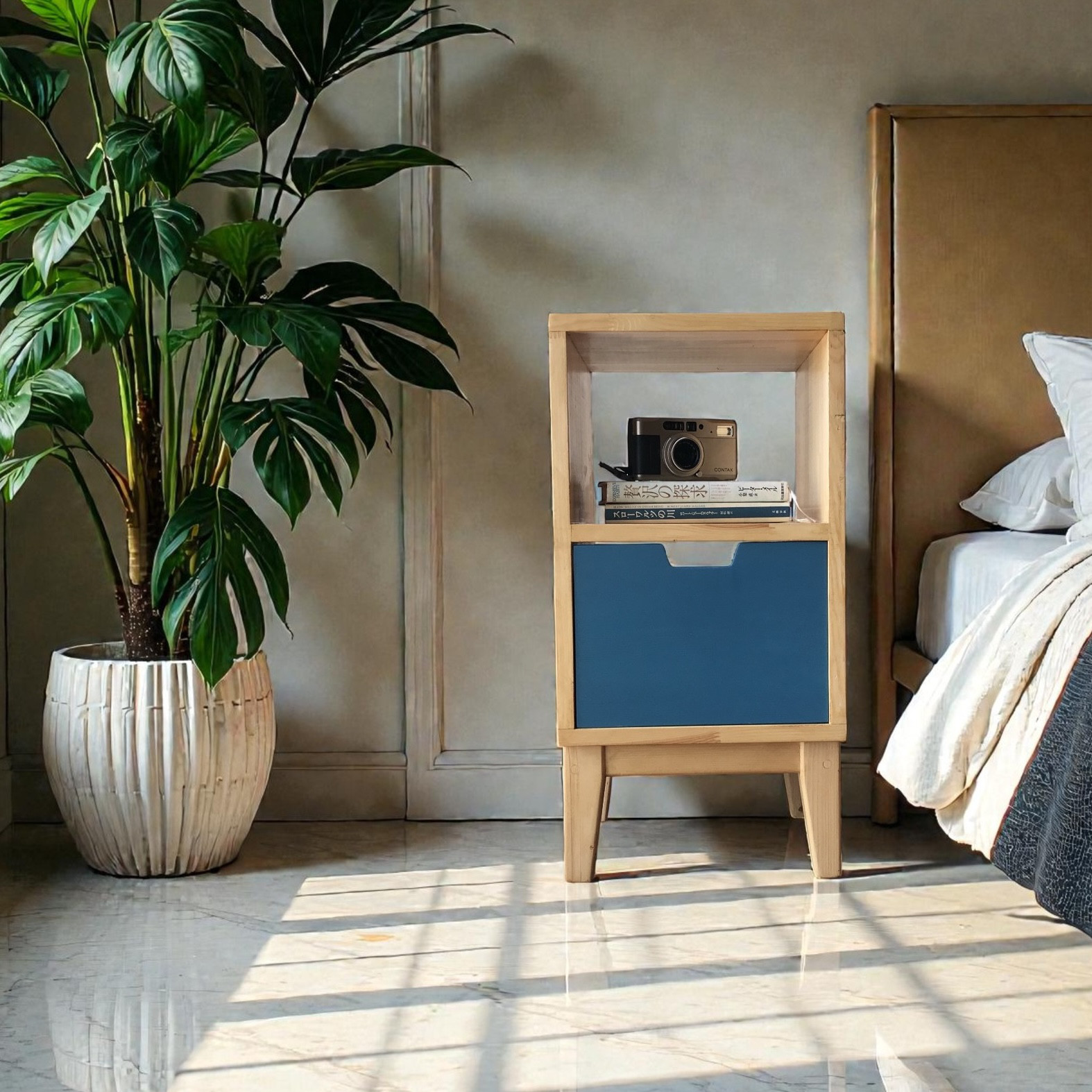 天然木 2段オープンラック 引き出し付き｜ナチュラル 木製収納棚 ベッドサイド・リビング・子供部屋に