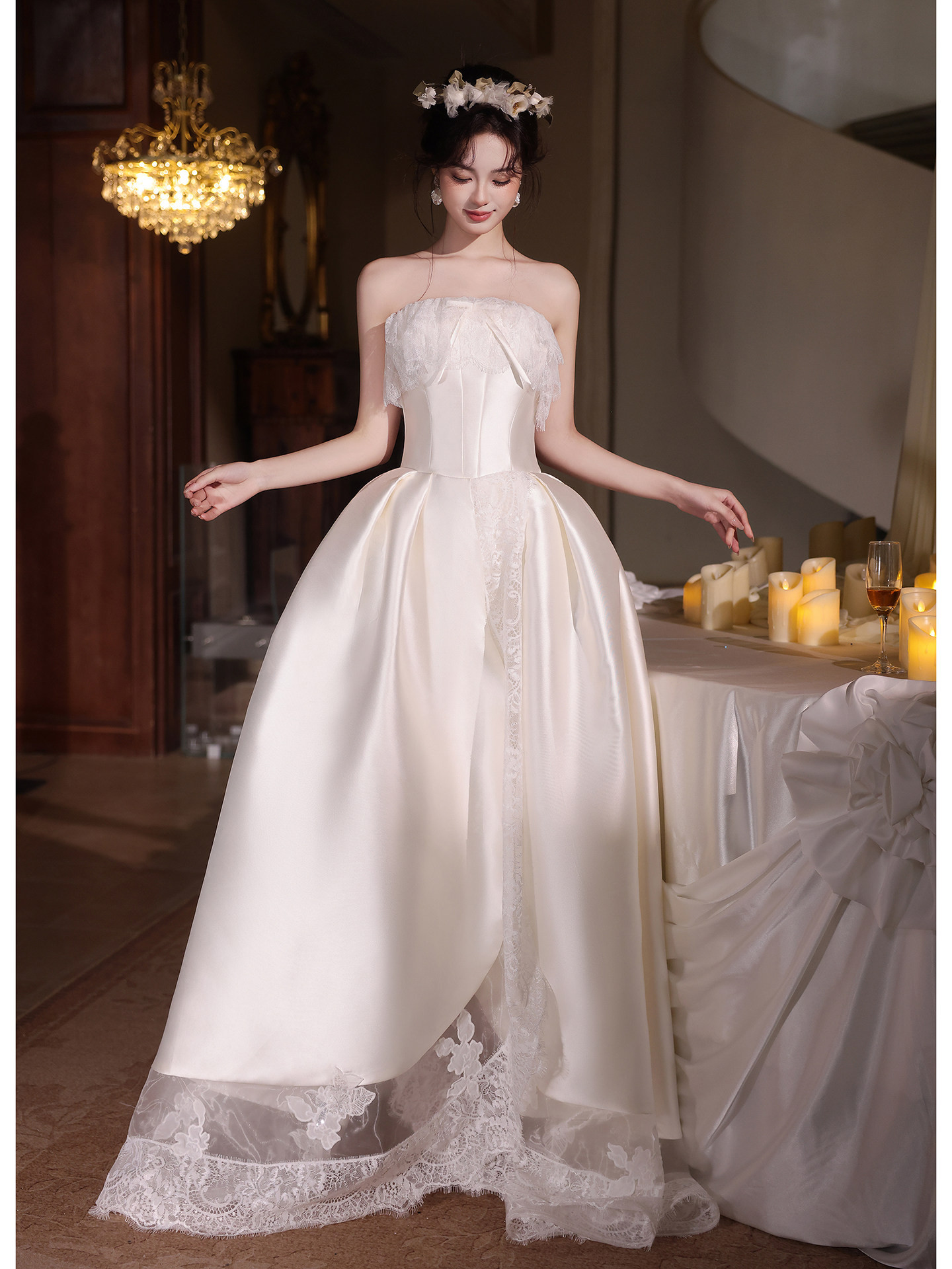 高級感 白 サテン オフショルダー ウェディングドレス 綺麗 花嫁 パーティー 前撮り 披露宴 A7315