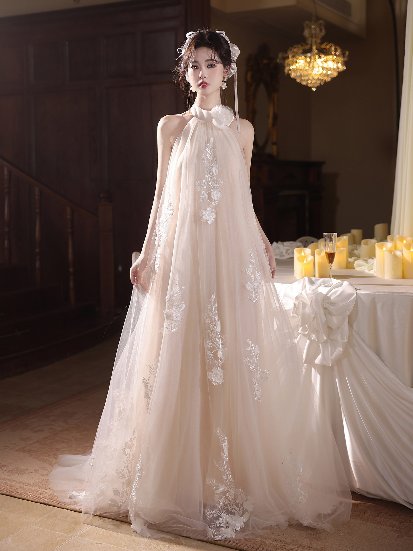 高級感 白 花 裾引き ウェディングドレス プリンセス 韓国風 花嫁 誕生日 パーティー 前撮り 披露宴 A7320