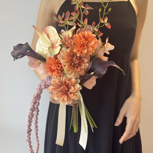 ブートニア付】オレンジ×パープルのウェディングブーケ｜アーティ