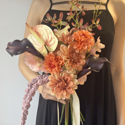 ブートニア付】オレンジ×パープルのウェディングブーケ｜アーティ