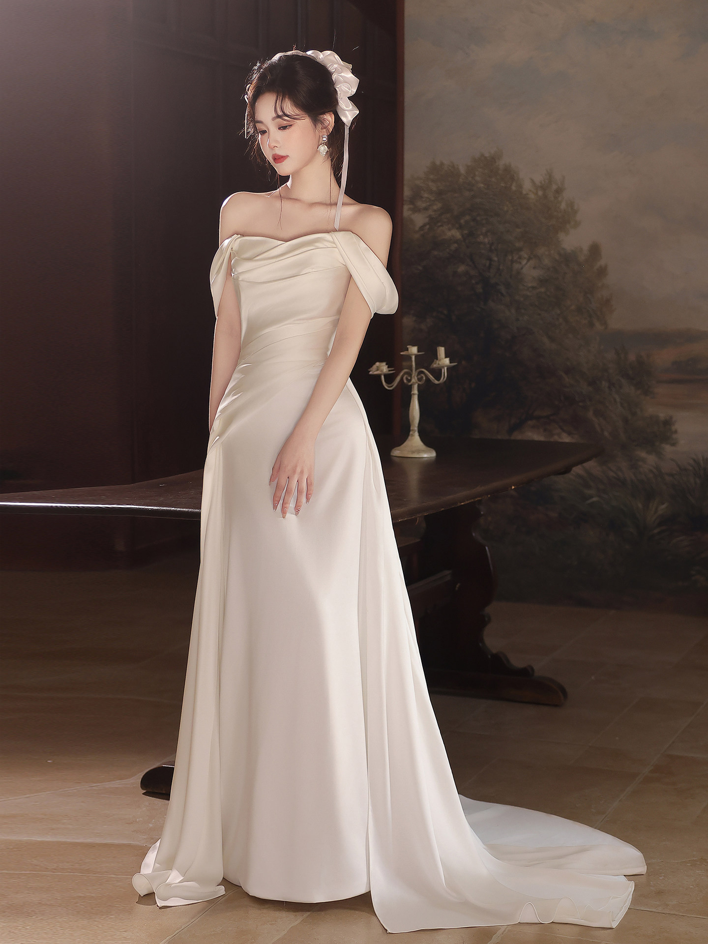 高級感 白 サテン オフショルダー ウェディングドレス 綺麗 花嫁 パーティー 前撮り 披露宴 A7322