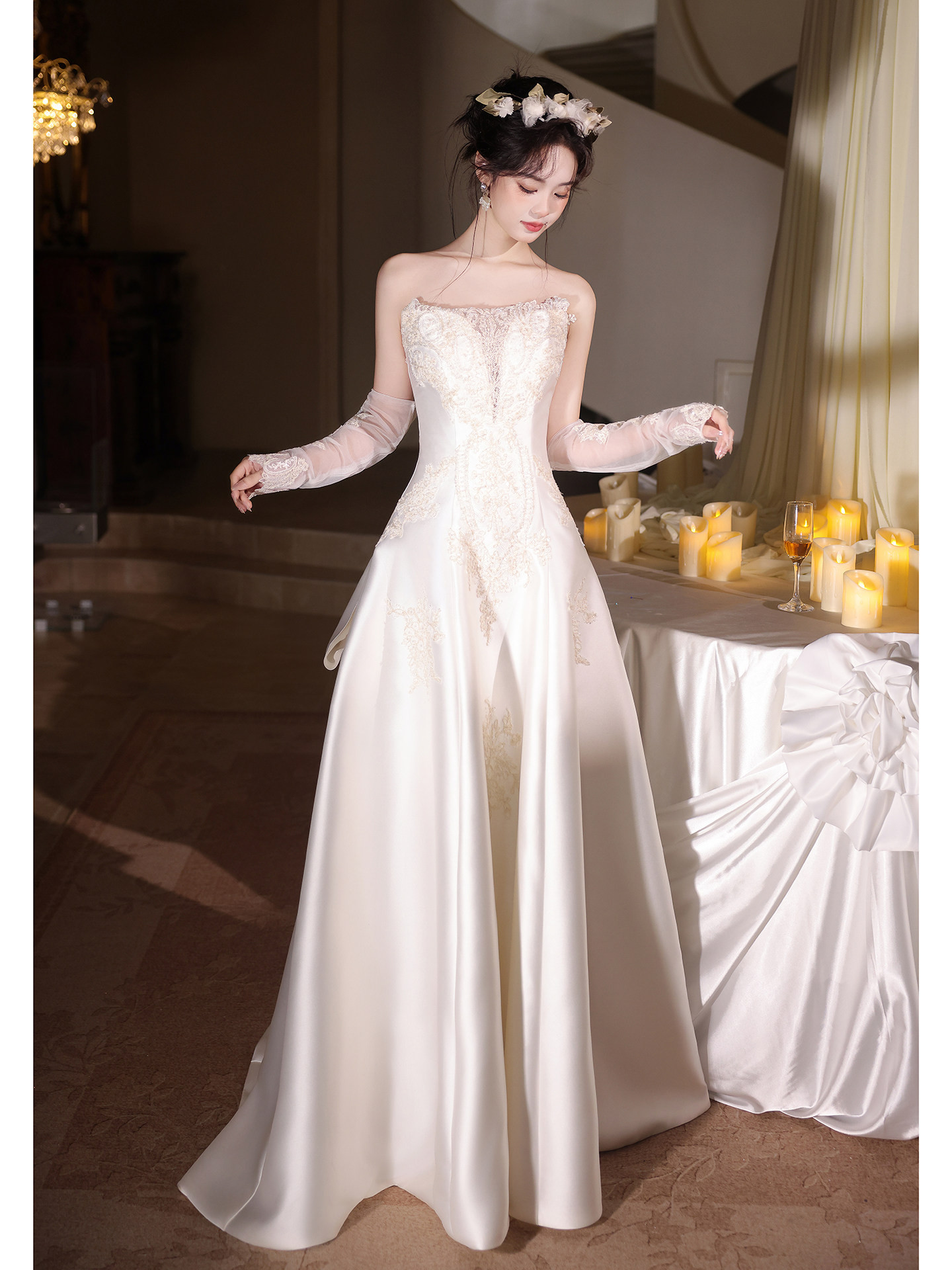 高級感 白 サテン リボン 裾引き オフショルダー ウェディングドレス 花嫁 パーティー 前撮り 披露宴 A7323