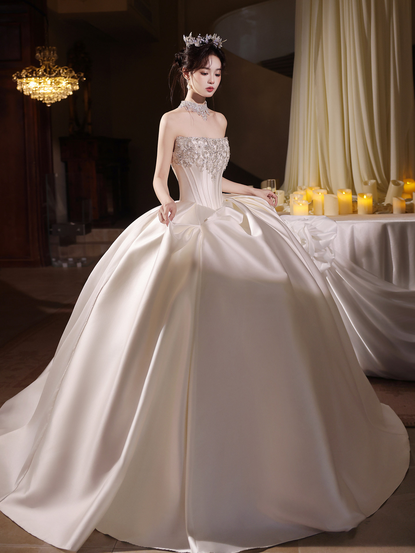 高級感 白 サテン ふわふわ オフショルダー ウェディングドレス 綺麗 花嫁 パーティー 前撮り 披露宴 A7324