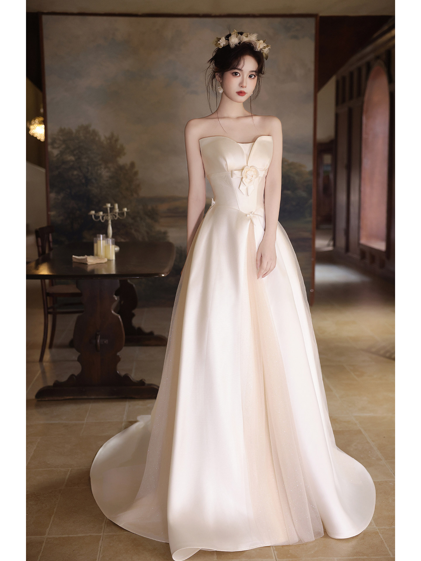 高級感 ベージュ サテン オフショルダー ウェディングドレス シンプル 花嫁 パーティー 前撮り 披露宴 A7325