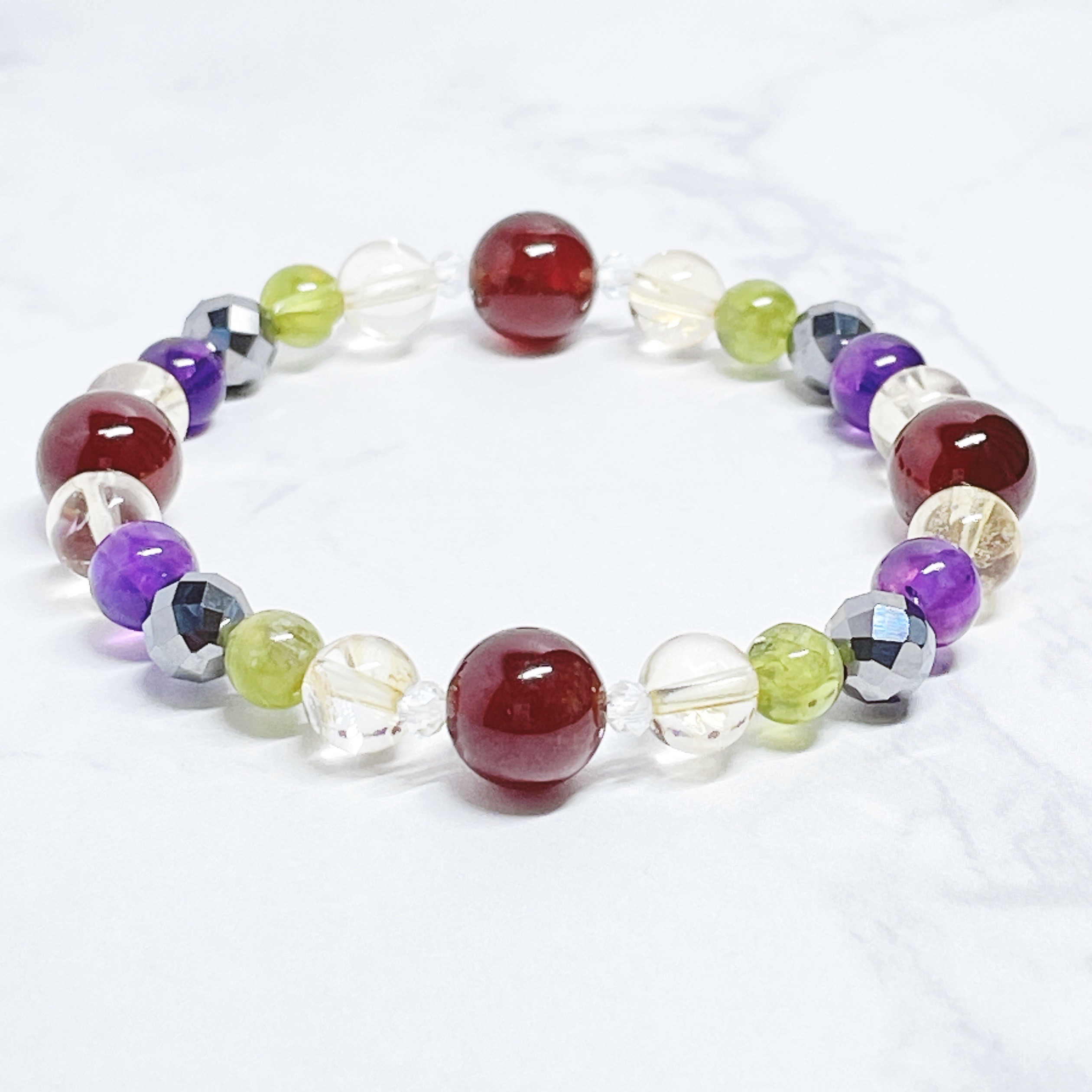 ✦疲れた心に元気を取り戻す 天然石ブレスレット｜オレンジガーネット・シトリン・アメジスト・ペリドット No.843