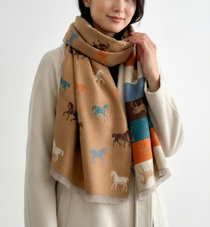 【受注制作】馬パターンのカラフルシック ジャカード織り大判ストール キャメル マフラー