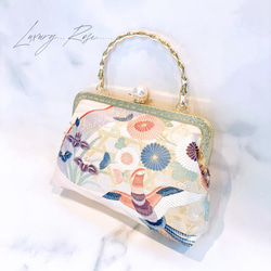 1月の新作♡悠々しい鳳凰ピンクゴールド口金の格の高い濃密刺繍の最高級西陣帯地！人気のホワイト系フォーマルパーティーバッグ 5枚目の画像