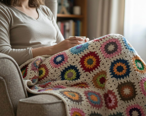 手編み】レトロポップなグラニースクエア・マルチカバー（80×138cm