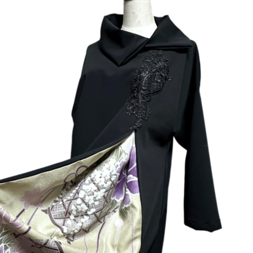 振袖　着物リメイク　ドレス　黒×花籠と牡丹や菊　和柄　ワンピース　ハンドメイド 振袖 着物リメイク ドレス 和柄 ワンピース 黒×花籠や牡丹や菊