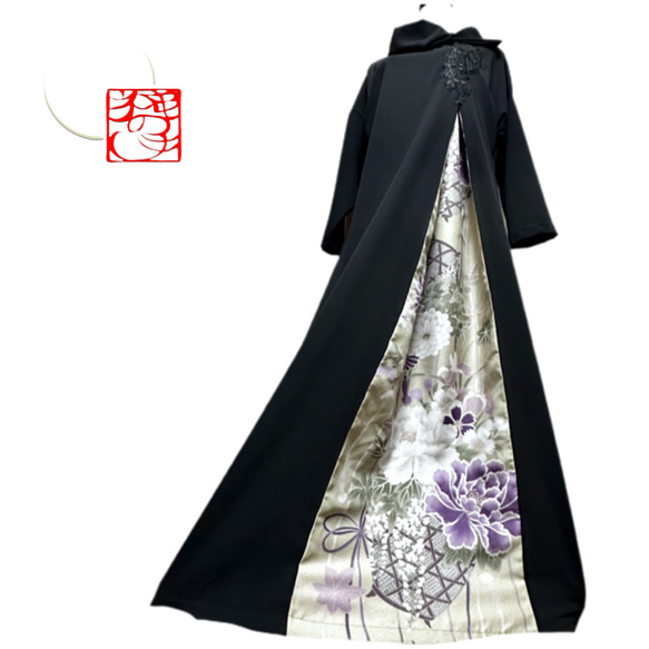 振袖 着物リメイク ドレス 和柄 ワンピース 黒×花籠や牡丹や菊