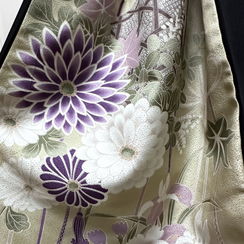 振袖 着物リメイク ドレス 和柄 ワンピース 黒×花籠や牡丹や菊