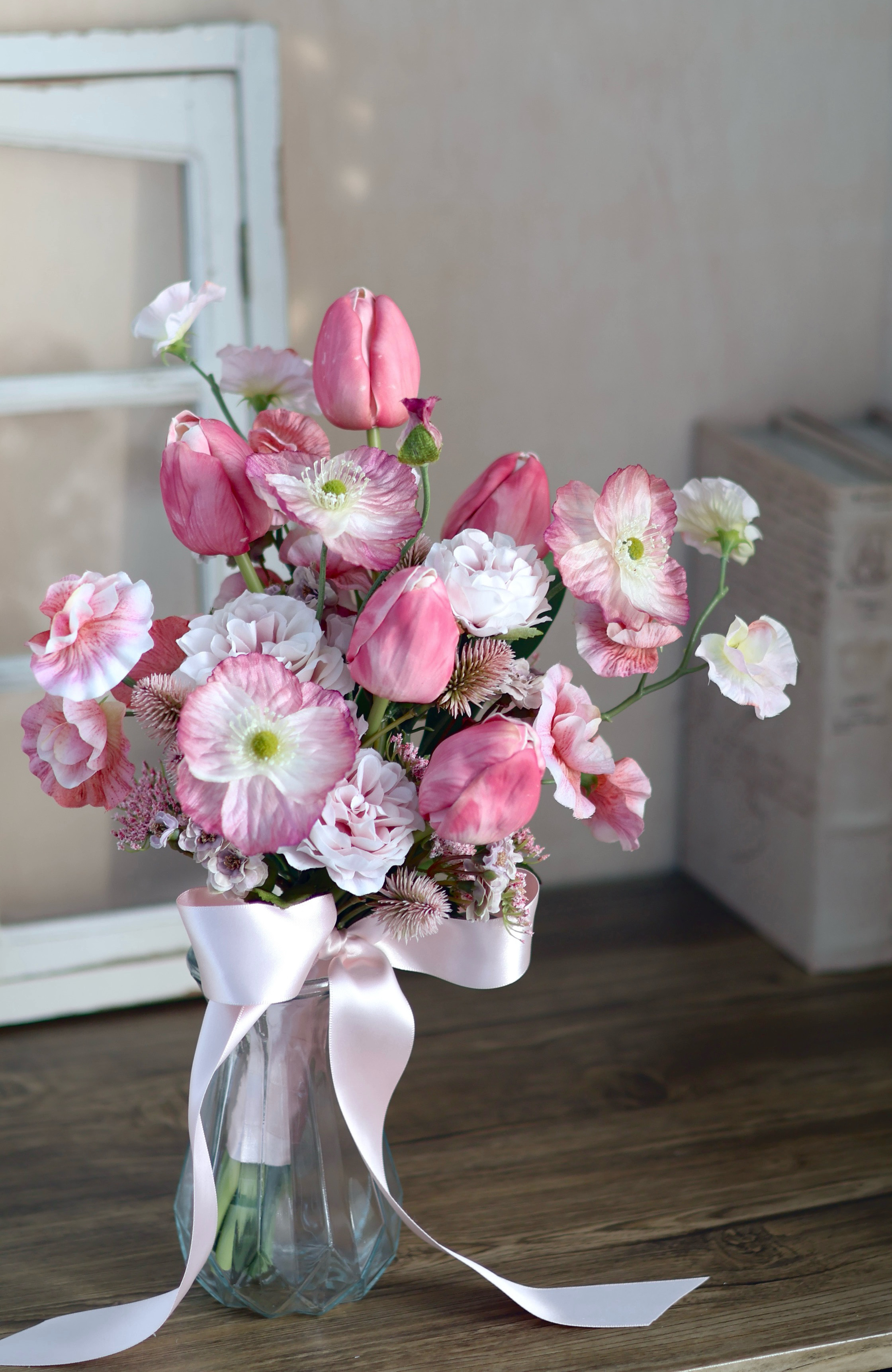 ピンクチューリップのウェディングブーケ 春ブーケ アーティフィシャル ピンクブーケ 造花 チューリップブーケ ポピー