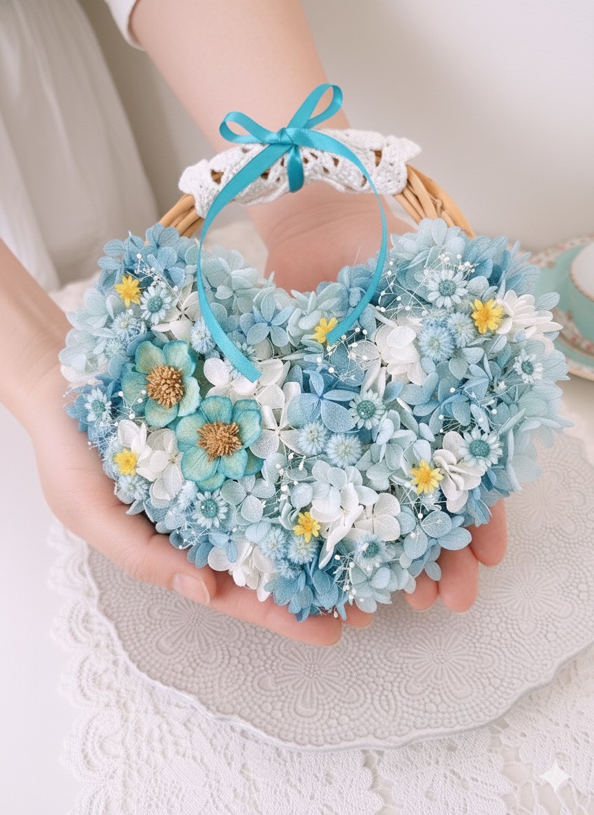 【オーダー作品】アネモネと紫陽花のハートのリース 小 ブルー 水色 お見舞い用 プレゼント ギフト 可愛い