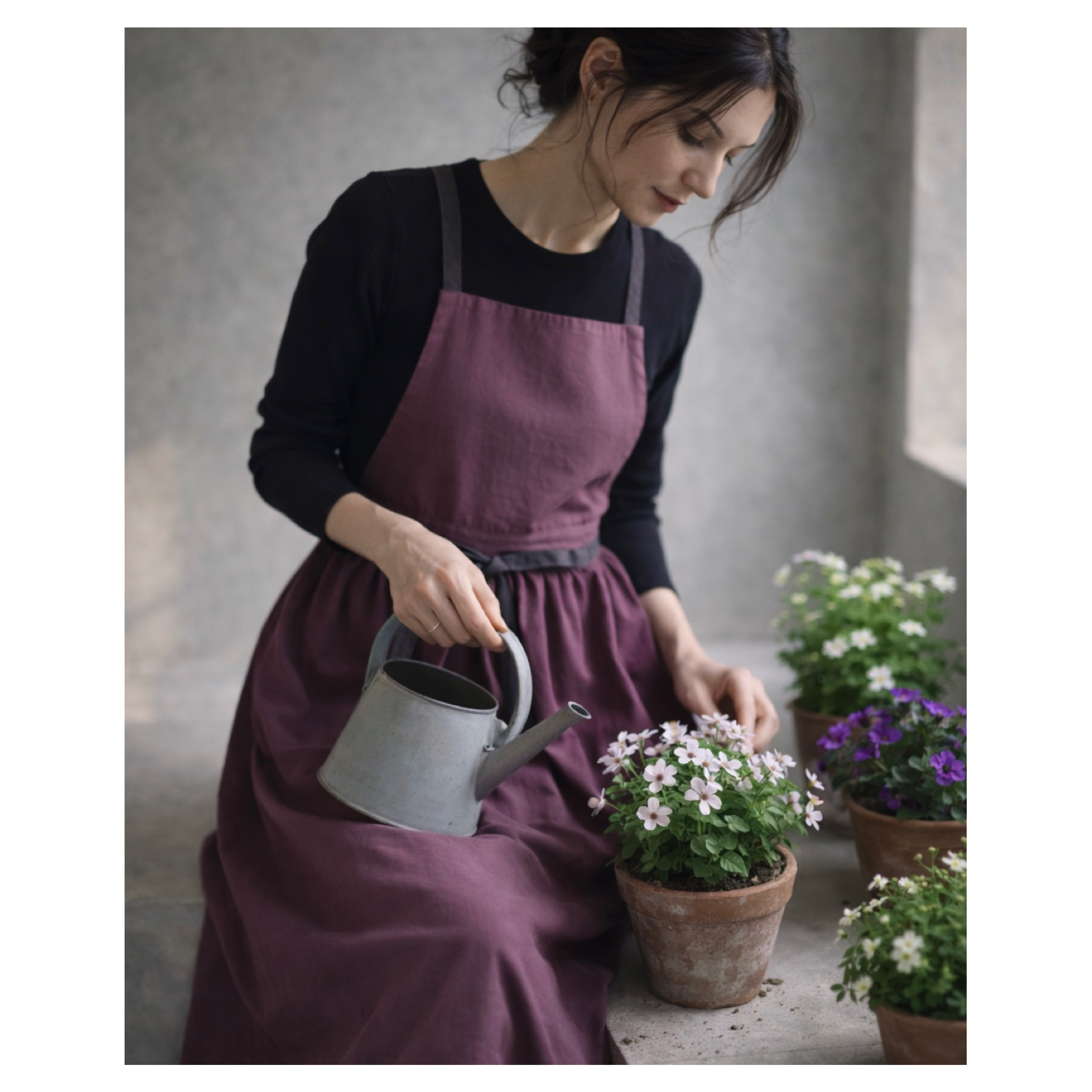 そのままお出かけリネンギャザーエプロン／おうち時間もお洒落に過ごすコットンリネンエプロン／パープル×チャコール