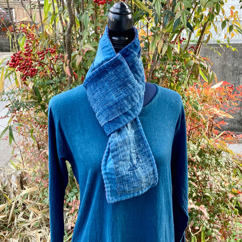 migi 】BORO 襤褸 藍染 絣 古布 リメイク シングルスヌード A2 襤褸