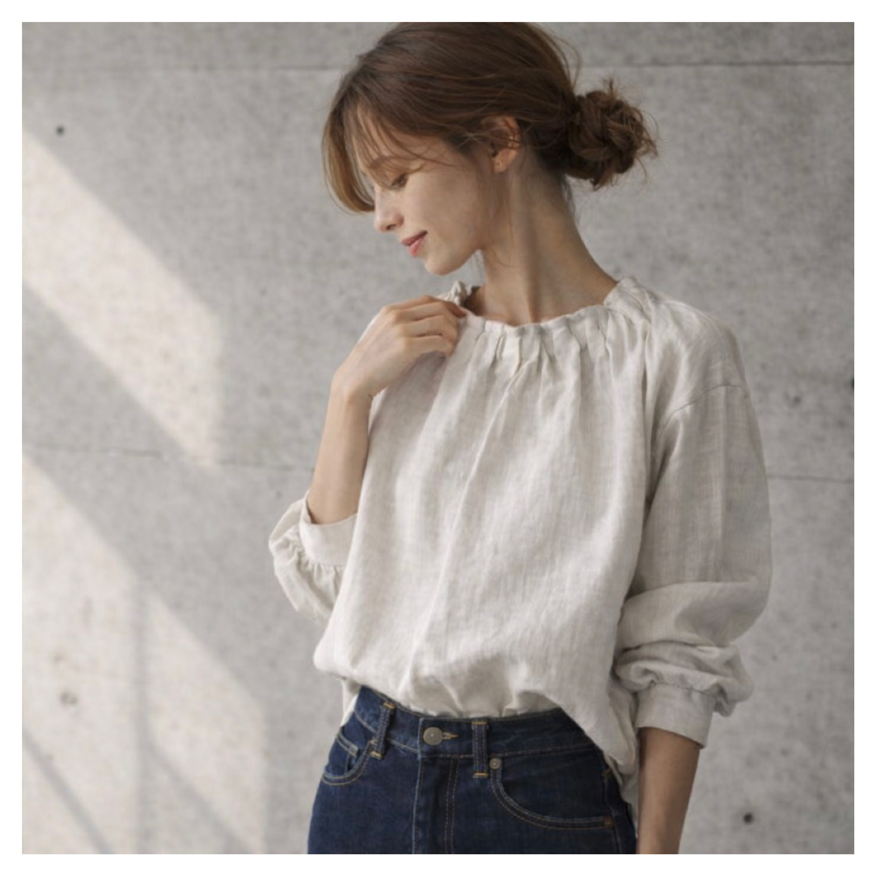 ヨーロピアンリネンブラウス／フリルネック／生成りベージュ／linum jean