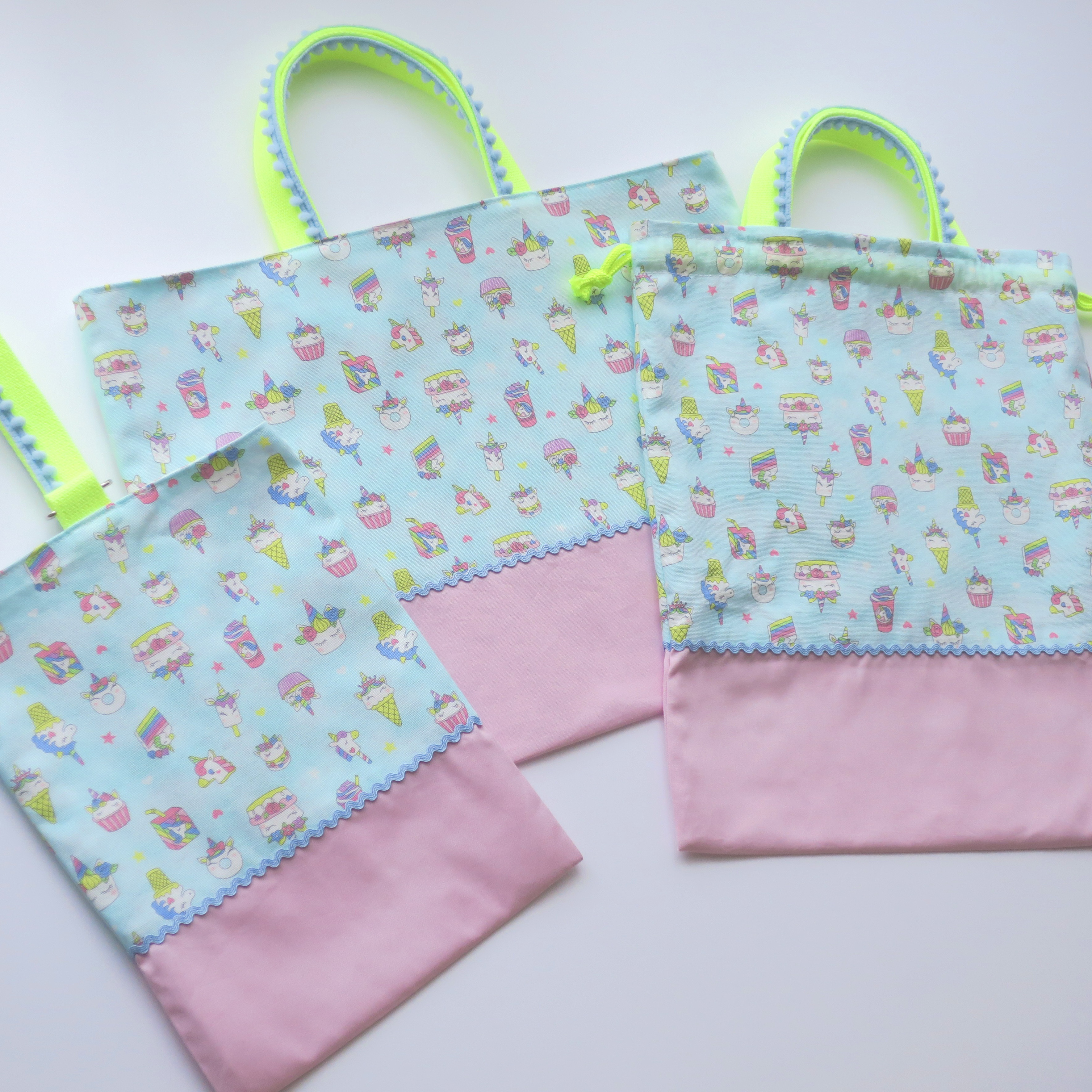 ユニコーン×スイーツ【入園入学３点セット】レッスンバッグ・上履き入れ・お着替え袋【ミント×ピンク】