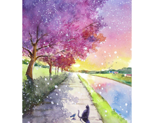 原画】夕桜の音（水彩画）送料無料☆猫 夕日 桜 絵画 #2994 絵画