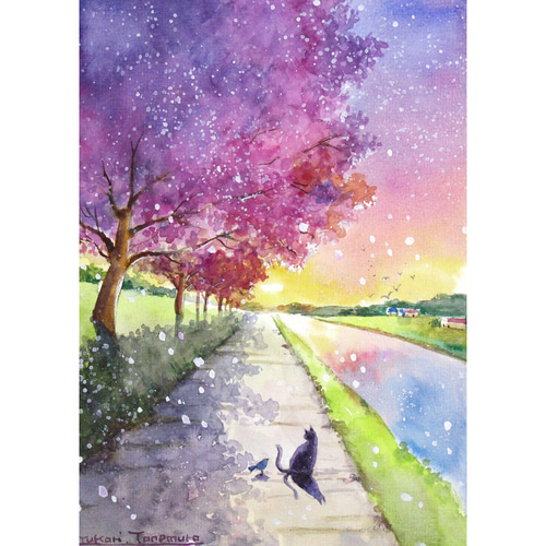 原画】夕桜の音（水彩画）送料無料☆猫 夕日 桜 絵画 #2994 絵画