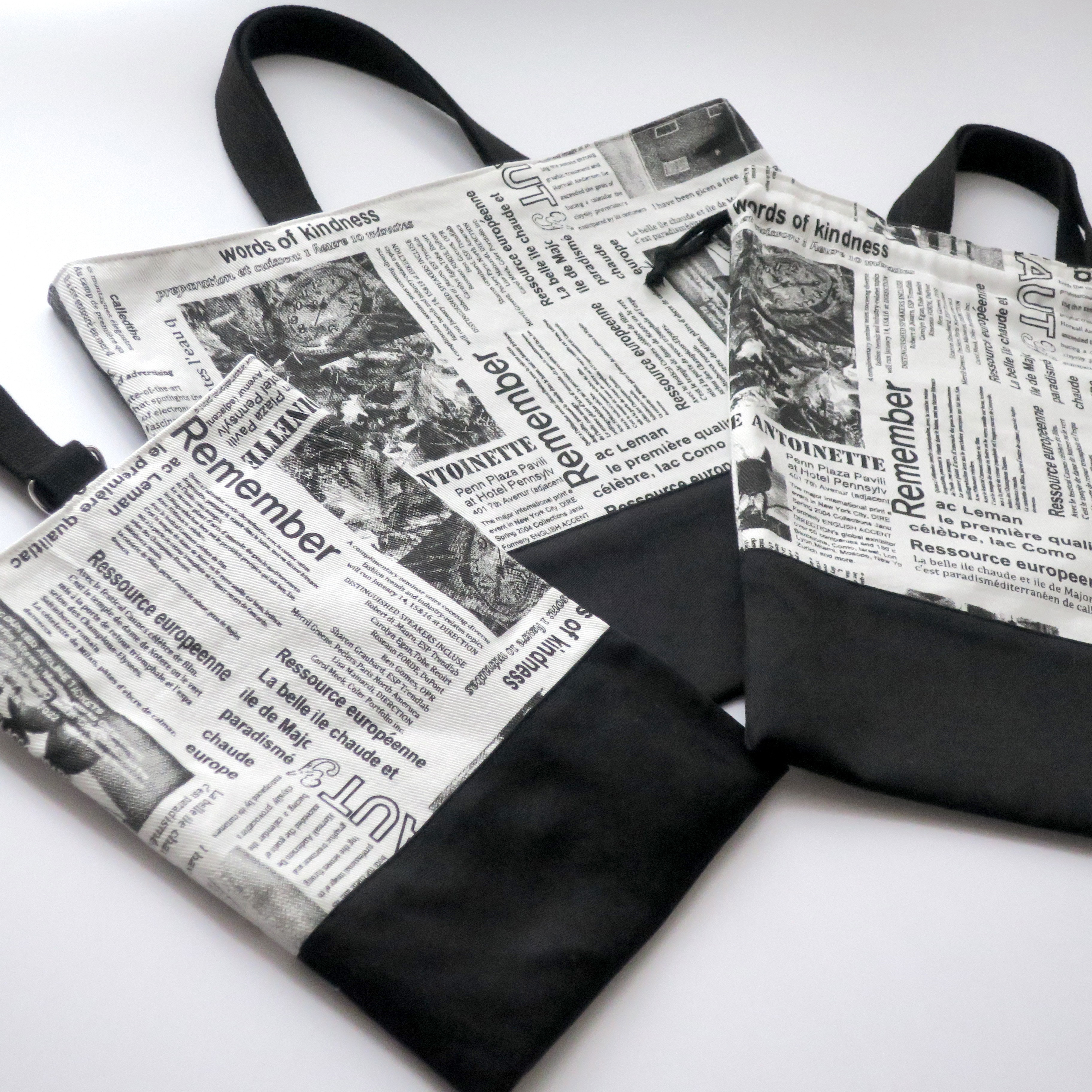 モノトーン英字【入園入学３点セット】レッスンバッグ・上履き入れ・お着替え袋【サイズ変更可】