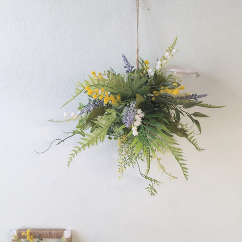 ミモザとグリーンのアレンジ♡或いはフライングリース(約35㎝) リース