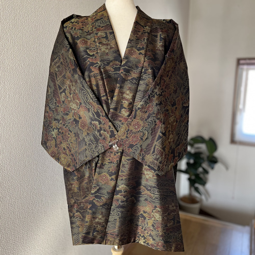 本場大島紬 作務衣 未使用反物 リメイク 商標有 茶屋華牡丹花総柄 大人