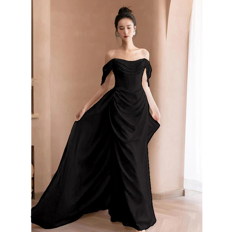 パーティードレス 白 黒 サテン オフショルダー シンプル 花嫁 誕生日 披露宴 前撮り 二次会 お呼ばれ AK759