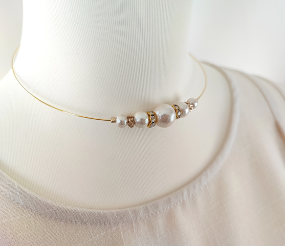 コットンパールとCZ付きロンデルのワイヤーチョーカー 1枚目の画像