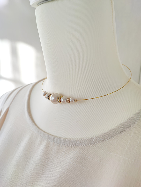 コットンパールとCZ付きロンデルのワイヤーチョーカー 4枚目の画像