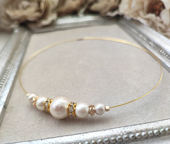 コットンパールとCZ付きロンデルのワイヤーチョーカー 3枚目の画像