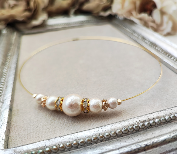 コットンパールとCZ付きロンデルのワイヤーチョーカー 9枚目の画像