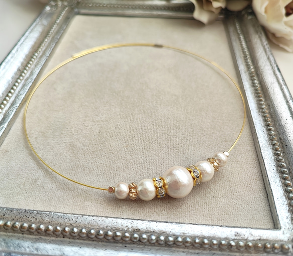 コットンパールとCZ付きロンデルのワイヤーチョーカー 10枚目の画像