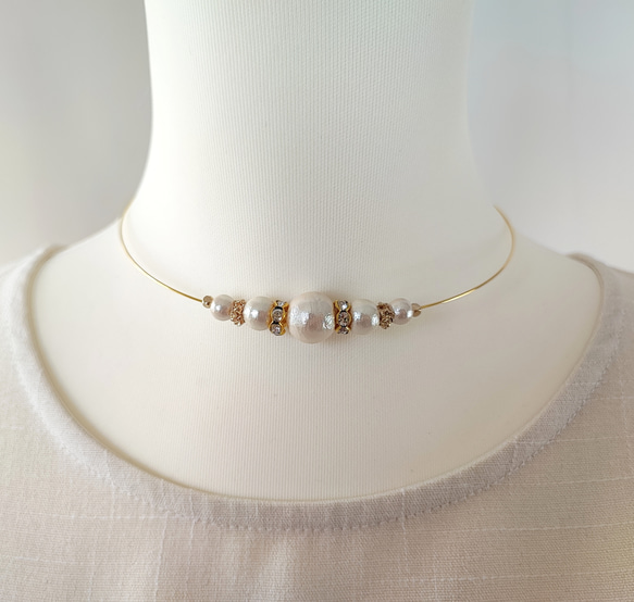 コットンパールとCZ付きロンデルのワイヤーチョーカー 8枚目の画像