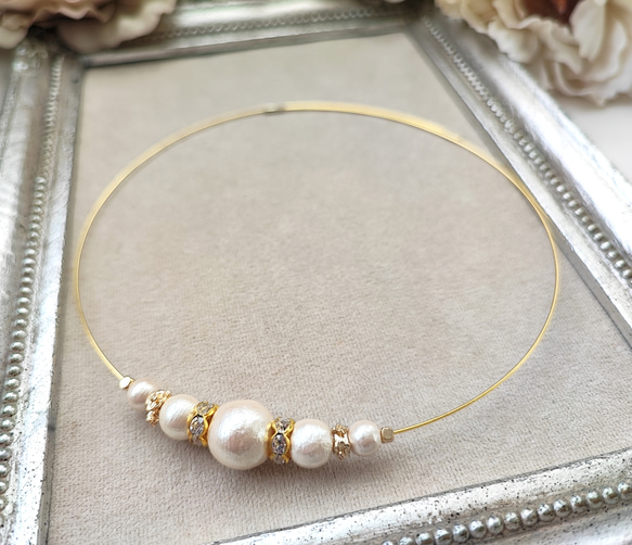 コットンパールとCZ付きロンデルのワイヤーチョーカー 7枚目の画像