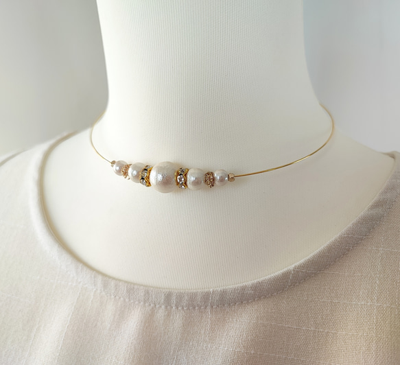 コットンパールとCZ付きロンデルのワイヤーチョーカー 12枚目の画像