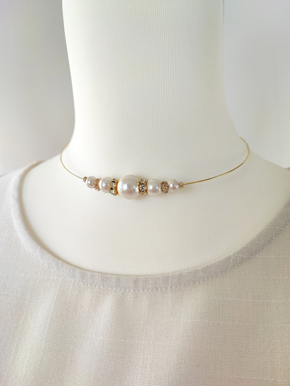 コットンパールとCZ付きロンデルのワイヤーチョーカー 5枚目の画像