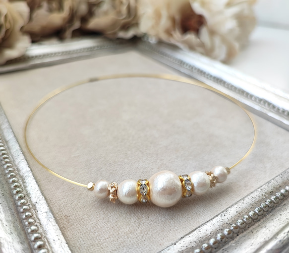 コットンパールとCZ付きロンデルのワイヤーチョーカー 6枚目の画像